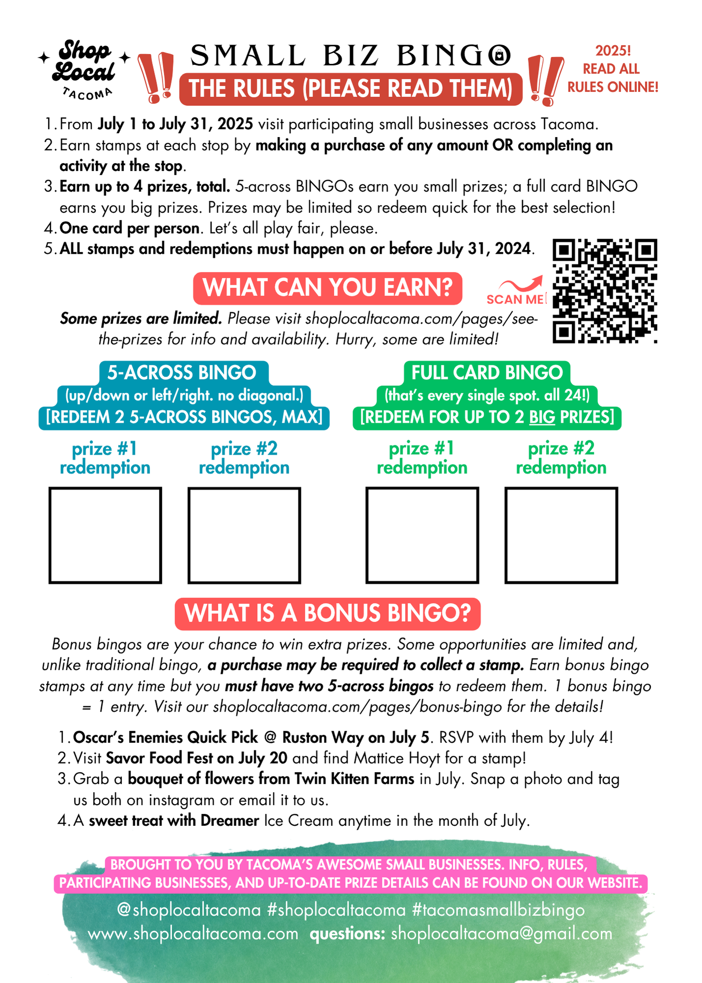 Tacoma Small Biz BINGO Card