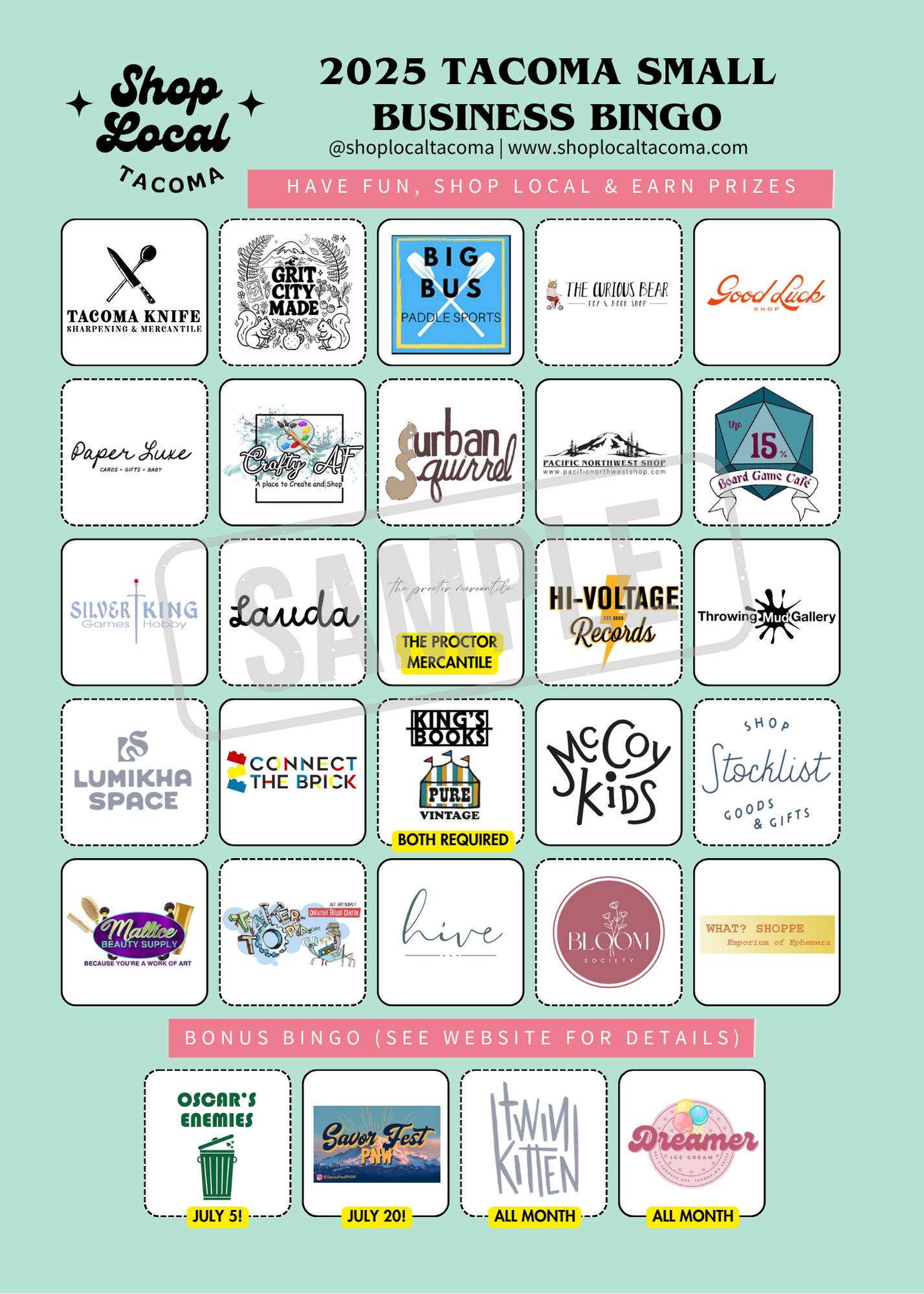 Tacoma Small Biz BINGO Card