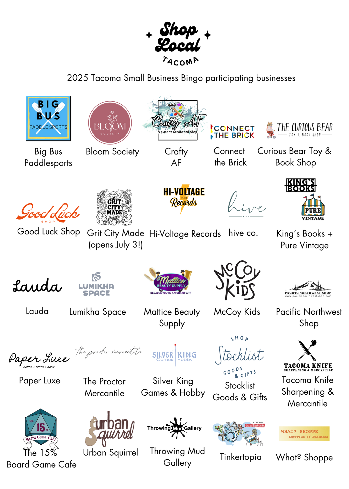 Tacoma Small Biz BINGO Card